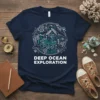Navy t-shirt with "DEEP OCEAN EXPLORATION" text and circular marine life graphic including whales, octopus, dolphins, seahorses, and coral