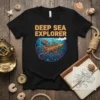 Deep Sea Explorer t-shirt design with octopus and submarine graphic, featuring bold yellow text and underwater scene