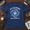 Deep Sleep Program Activate Dream Cycle text with swirling blue and purple vortex graphic on a navy t-shirt