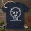 Navy t-shirt with a white DEER SYMBOL OF STRENGTH & NATURE graphic in a Greek key border