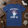 Defend Humanity Stop AI t-shirt design featuring bold white text, a stylized brain graphic, and a raised open hand