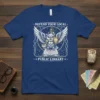 Defend Your Local Public Library T-Shirt design with an owl knight on a book, surrounded by stars and ornate borders