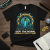 DEFI The Norm, Embrace The Future text on a black t-shirt with a rocket launching over a cityscape and crypto