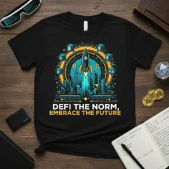 DEFI The Norm, Embrace The Future text on a black t-shirt with a rocket launching over a cityscape and crypto