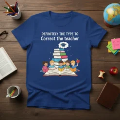 DEFINITELY THE TYPE TO Correct the teacher quote on a blue t-shirt with kids reading books and a stack of