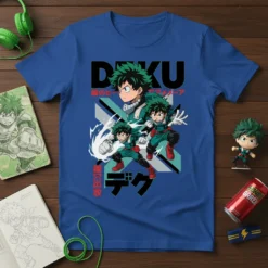 Deku Hero Academia t-shirt featuring multiple poses of Izuku Midoriya in action, with Japanese text "Deku" and "Hero"
