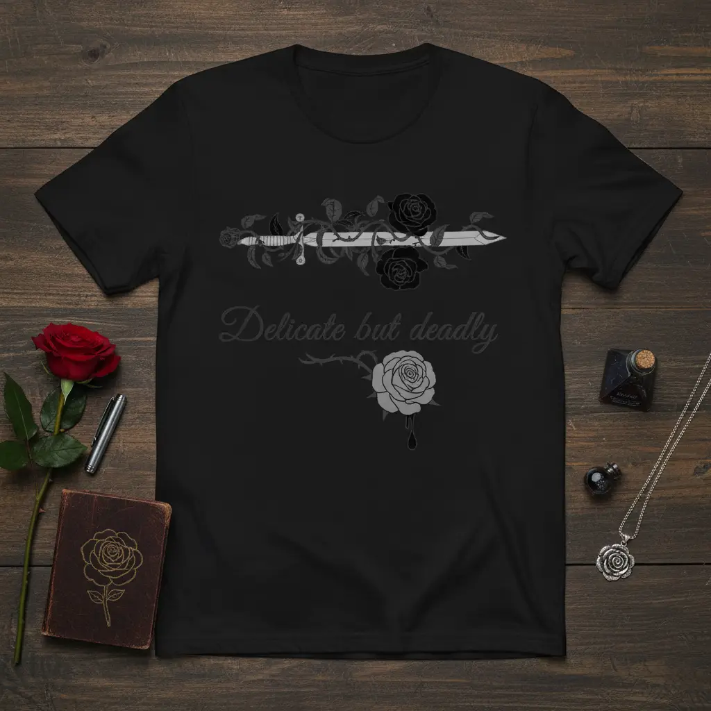 Delicate but deadly quote on black t-shirt with gothic roses and dagger graphic