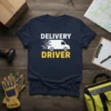 Navy t-shirt with white and yellow "Delivery Driver" text and a white moving van graphic