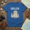 Delos t-shirt design featuring white text and a stylized illustration of ancient Greek ruins under a sunburst