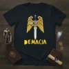 Black t-shirt with yellow "DEMACIA" text below a golden winged sword graphic, inspired by fantasy gaming