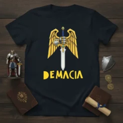 Black t-shirt with yellow "DEMACIA" text below a golden winged sword graphic, inspired by fantasy gaming