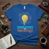 Demand Evidence and Think Critically quote on a blue t-shirt with a lightbulb graphic and atom orbits