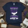 Dementia Doesn't Come With A Manual Daughter Never Gives Up quote on a navy t-shirt with purple heart and handshake