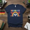 German Demokratie t-shirt with rainbow, peace dove, and red hearts. Features bold text "DEMOKRATIE" in rainbow colors