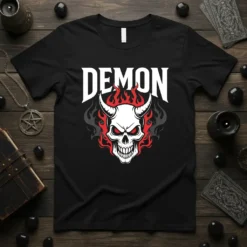 Black t-shirt with white "DEMON" text above a white skull with red eyes and horns, surrounded by red and grey