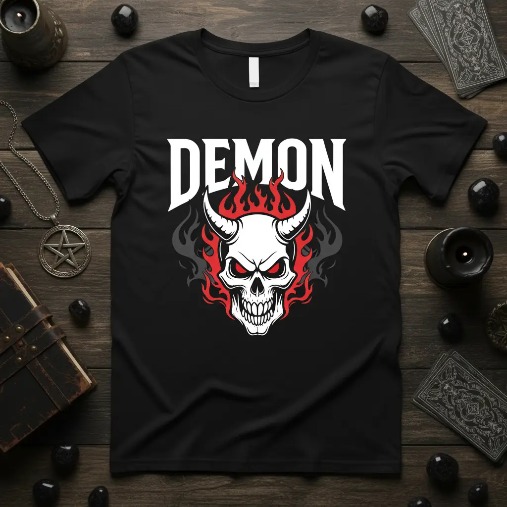 Black DEMON t-shirt featuring a skull with fiery horns and flames, bold white text above graphic