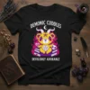 Black t-shirt with "Demonic Cuddles Devilishly Adorable" text and a yellow demon bear graphic with pentagram and horns