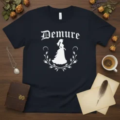 Demure text above a white silhouette of a woman in a formal gown and tiara, framed by floral elements, on