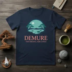 Demure Very Mindful, Very Cutesy quote t-shirt with a serene Japanese garden graphic of trees and water