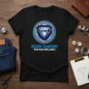 Black t-shirt with a blue shield graphic featuring a diamond, reading "DENIM DIAMOND TRUE BLUE BRILLIANCE"