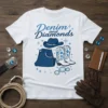 White t-shirt with "Denim and Diamonds" text, cowboy hat, jeans, and cowboy boots graphic, surrounded by sparkling diamonds