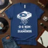 Denim and Diamonds text with DJ turntable graphic on a navy blue t-shirt