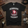 Denmark Vikings t-shirt design with a Viking ship and Danish flag graphic, bold white text above and below