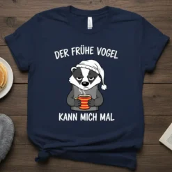 Der Frühe Vogel Kann Mich Mal funny German quote t-shirt with grumpy badger holding coffee mug