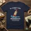 Navy t-shirt with 'Der schiefe Turm von Bremerhaven' text and a leaning lighthouse graphic, including historical dates