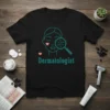 Dermatologist t-shirt design featuring a stylized face under a magnifying glass and the word "Dermatologist" in teal font