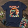 Navy t-shirt with "DERPZILLA" text above a black cat wearing VR goggles surrounded by yarn balls in a retro sunburst