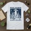 Desert Dreamers Alien Encounters & Starlight Adventures graphic tee featuring a raccoon astronaut, UFO, and desert landscape