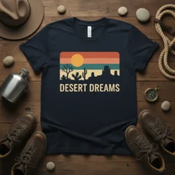 Desert Dreams t-shirt with a retro sunset landscape featuring cacti and mesas, navy blue shirt