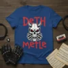 Deth Metle graphic t-shirt with a red cracked font and a white skull with red eyes and horns