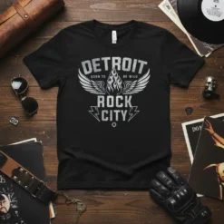 Detroit Born to Be Wild Rock City text graphic with wings and flames on a black t-shirt