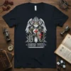 Deus Vult cat knight t-shirt design featuring a white cat in medieval armor holding a shield with a red cross
