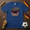 Deutschland eagle design with a soccer ball and laurel wreath on a blue t-shirt, featuring the German flag colors