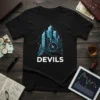 Black t-shirt with white "DEVILS" text below a graphic of a futuristic cityscape with a compass