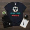 Dialysis Nurse t-shirt with a circular graphic featuring a heart and EKG line, and the text "DIALYSIS NURSE" below