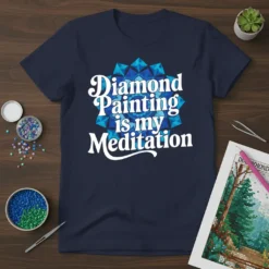 Diamond Painting is my Meditation text on a navy blue t-shirt with a blue geometric diamond art design