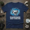 Navy blue t-shirt with white text "Diamonds Are Forever" and a graphic of a sparkling diamond surrounded by blue and