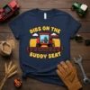 Dibs On The Buddy Seat text with a cartoon combine harvester in a wheat field on a navy t-shirt