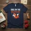 Dibs on the Redhead text with a cute fox illustration holding a heart on a navy t-shirt