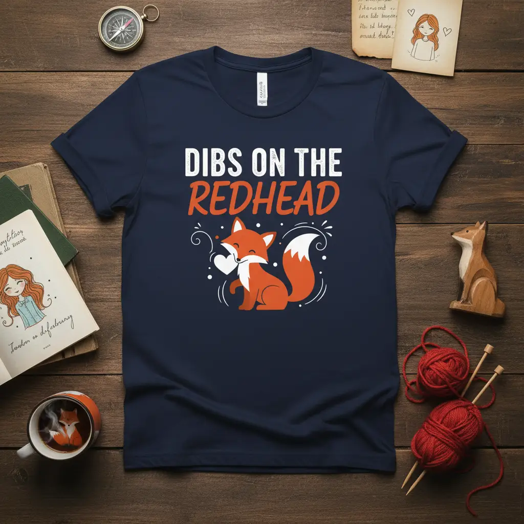Dibs on the Redhead quote with a cute fox holding a heart graphic on a navy t-shirt