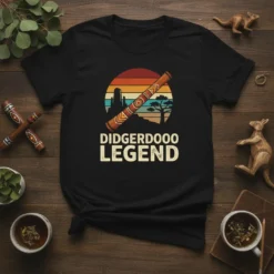 Didgeridoo Legend t-shirt featuring a retro sunset graphic with a didgeridoo and Australian landscape
