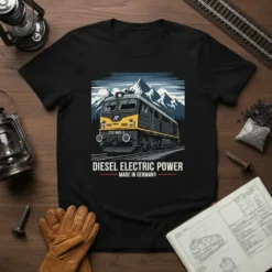 Diesel Electric Power Made in Germany t-shirt featuring a detailed graphic of a black and yellow diesel-electric train with mountains