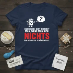 German birthday t-shirt with a sad gift box graphic and the text "Dieses blöde Shirt bekomhct man, wenn man sich