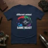 Navy t-shirt with "different animal SAME BEAST" text and graphic of a panther and wolf heads