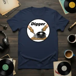 Digger text above cartoon hands digging a stack of vinyl records, on a navy blue t-shirt