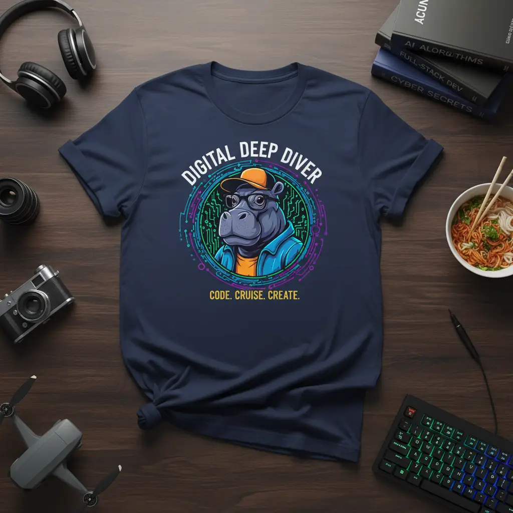 Digital Deep Diver Code Cruise Create t-shirt featuring a hippo programmer graphic and text
